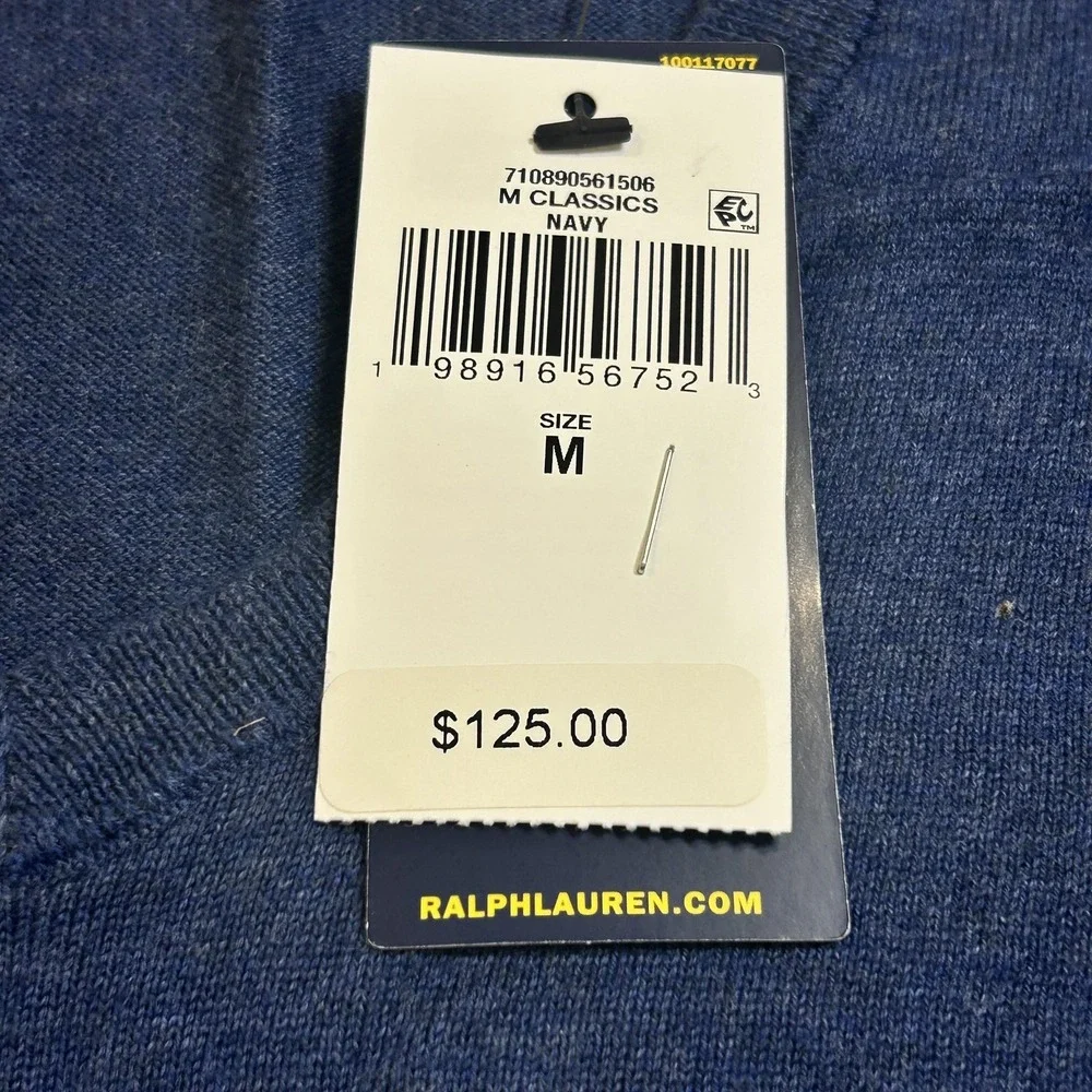 Polo Ralph Lauren Sweater Mens M Navy Blue Cotton V Neck Knit Pullover NEW Dad